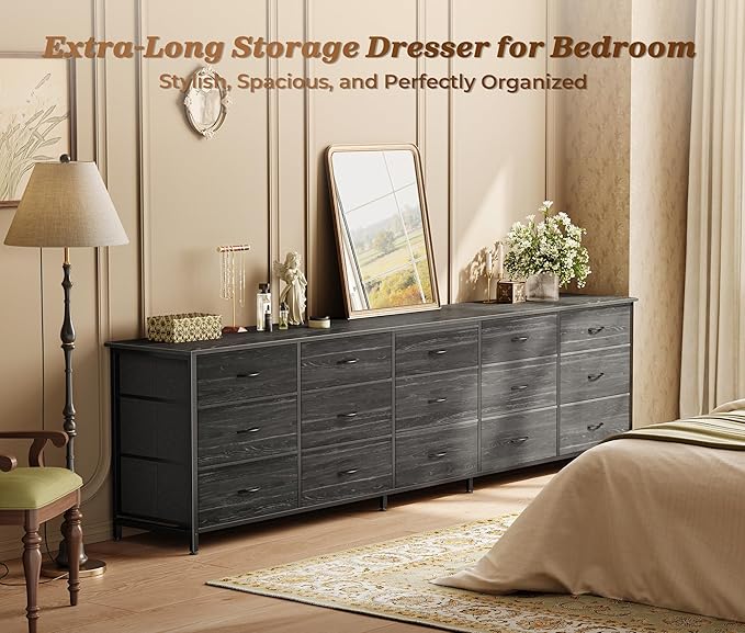 Huuger 78.7 inch Long Dresser for Bedroom, 15 Drawer Fabric Dresser for Closet, Large TV Stand for 65, 75, 85 inch TV, Wide Chest of Drawer with Storage, 78.7" W x 12.9" D x 26.7" H, Charcoal Black