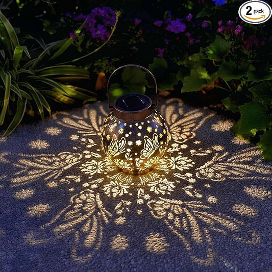 Outdoor Solar Hanging Lantern Lights Metal LED Decorative Lamp for Garden Patio Courtyard Lawn and Table with Hollowed-Out Design (Bronze Butterfly)