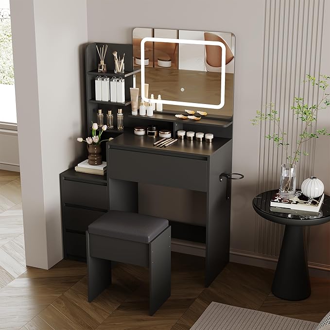 GAOMON Makeup Vanity Desk with Mirror and Lights - 36" Vanity Table Set with 4 Drawers, Power Outlet, USB Ports, Stool, Dressing Table with 3 Lighting Color Adjustable for Bedroom, Women, Black