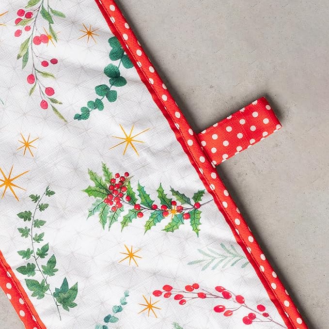 Maison d' Hermine Double Oven Mitt (7" x 35") 100% Cotton Heat Resistant BBQ Cooking Gloves with Loop for Thanksgiving Christmas Decorations Baking Cooking Handling Hot Pan (Poinsettia Christmas)