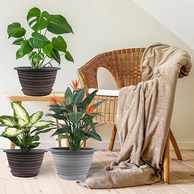 Large-Planter-Indoor-Outdoor Plant Pots, 12 inch 3 Pack Plastic Flower Pots with Saucer and Drainage Holes, Retro Antique Imitation Decorative Garden Containers Sets for Houseplant