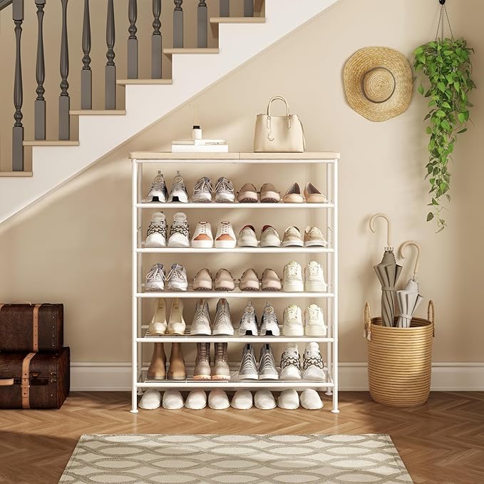 Shoe Rack Organizer 6 Tier for Closet Entryway Free Standing Metal Storage Shoe Shelf with MDF Top Board，White+Oak