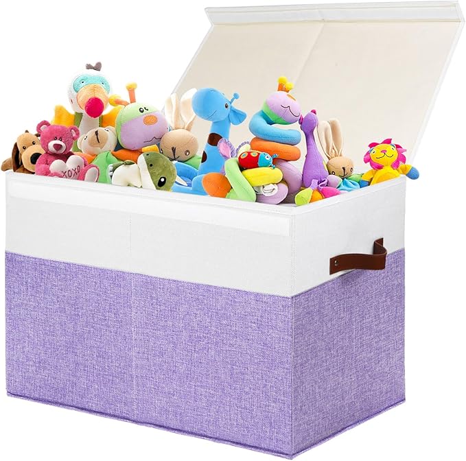 Large Toy Box with Lid, Sturdy Toy Storage Chest Bin Boxes Organizer Basket with Dividers for Toddlers, Kids, Boys, Girls, Nursery, Living Room, Bedroom, Playroom 25"x13" x16" (Purple and White)