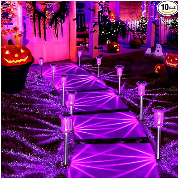 DenicMic Halloween Solar Lights Outdoor 10 Pack Purple LED Waterproof Yard Garden Patio Backyard Pathway Walkway Landscape Path Lawn Outside Halloween Decorations Outdoor