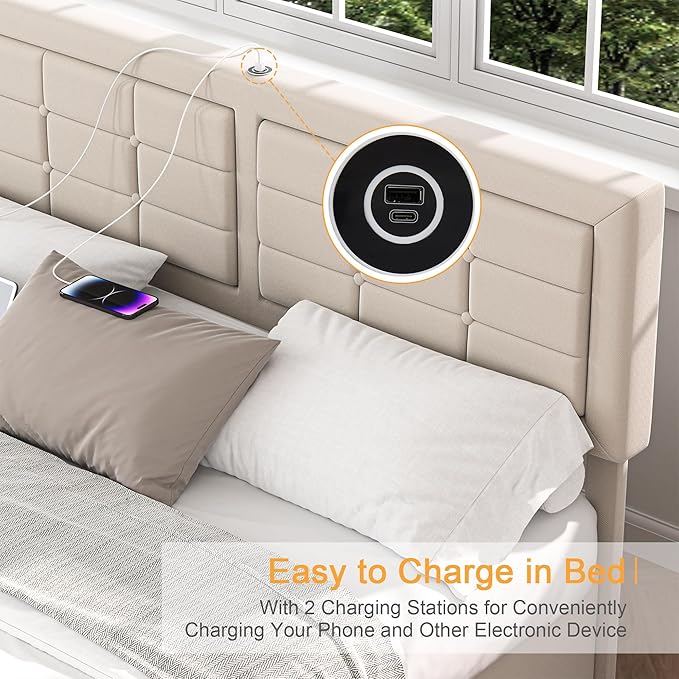VECELO Queen Size Bed Frame with 4 Drawers, Adjustable Tufted Button Headboard, Upholstered Platform with Wood Slats Support, Built-in USB and Type C Ports, Beige