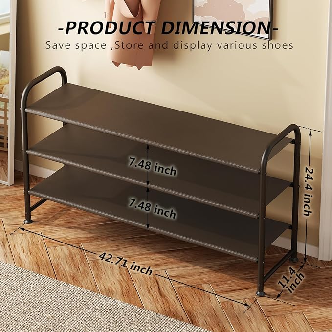 Shoe Rack 3 Tier Long Storage Organizer Wide Metal Shoe Shelf for Closet Entryway Brown