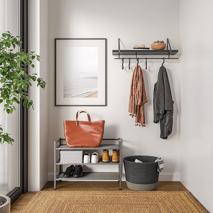 Seville Classics Sturdy Freestanding Storage Shelf for Bedroom, Closet, Entryway, Dorm Room Organizer Stackable Durable Metal Shoe Rack Ash Gray Slat, 3-Tier