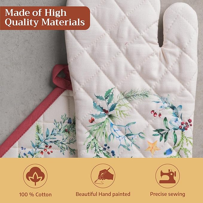 Maison d' Hermine 100% Cotton Oven Mitt & Pot Holder Set (7.5"x13" & 8"x8") Heat Resistant BBQ Cooking Gloves with Loop for Thanksgiving Christmas Decorations Handling Hot Pans (Holly Time)