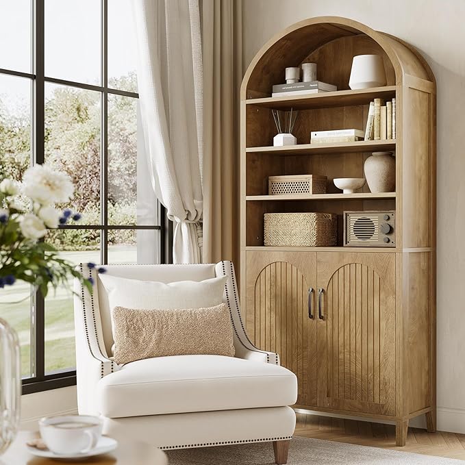 LITTLE TREE 70.9 Inches Tall Arched Bookcase, 8-Tier Bookshelf with Doors & Adjustable Shelves, Farmhouse Big Bookcase for Living Room, Large Vertical Storage Cabinet for Home Office, Oak Color