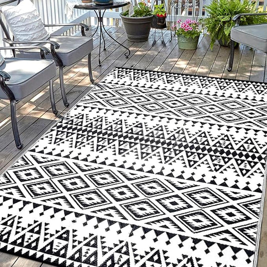 Waterproof Outdoor Rug 9x12ft, Bohemia Reversible Plastic Straw Mat for Patio RV Deck Porch Backyard Balcony Camping Picnic Beach Indoor Outdoor Carpet, Black&White
