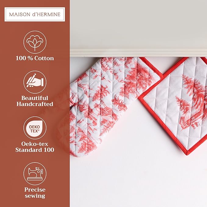 Maison d' Hermine 100% Cotton Oven Mitt & Pot Holder Set (7.5"x13" & 8"x8") Heat Resistant BBQ Cooking Gloves with Loop for Thanksgiving Christmas Decorations Handling Hot Pans (Winter Jouy)