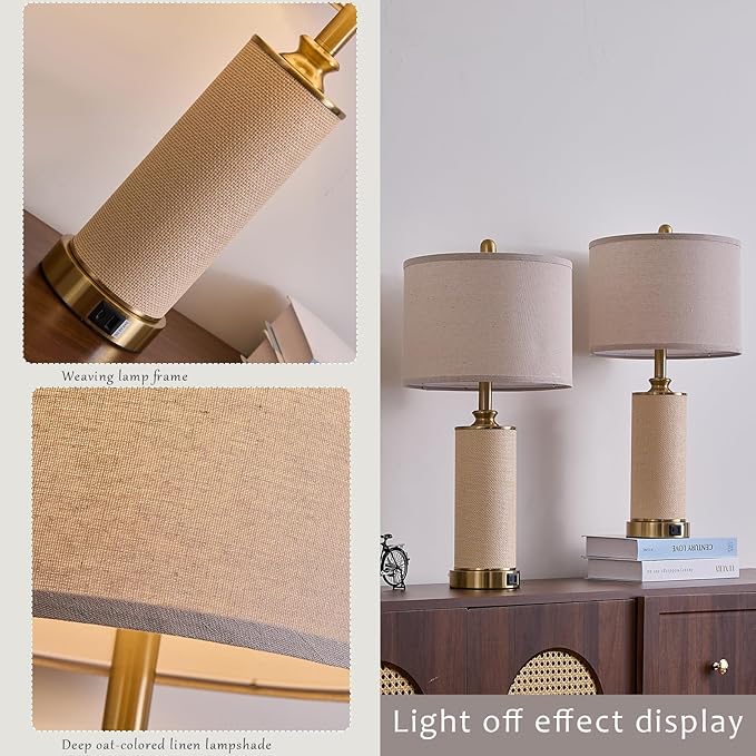 Gold Farmhouse Rattan Table Lamps Set of 2, Touch Control Desk Lamps, 3 Way Dimmable Grass Rope Large BedsideTable Lamp with USB A+C for Living Room/Bedroom/Office(2 LED Bulbs Included)