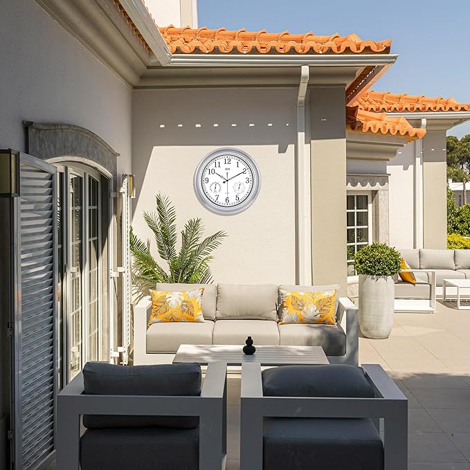 BEW Outdoor Clock for Patio, 18 Inch Large Outdoor Clocks Waterproof Weatherproof with Thermometer & Hygrometer Combo, Easy-to-Read Outside Wall Clock for Fence, Garden, Poolside, Backyard-Silver