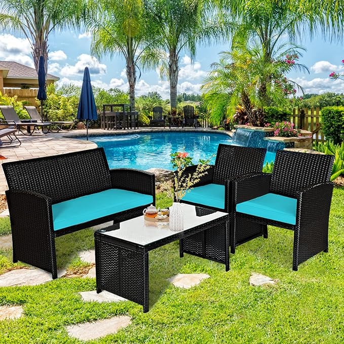 Tangkula 4 Pieces Patio Wicker Conversation Furniture Set, Patiojoy Sofa & Table Set w/4 Seats, Outdoor Rattan Sofa Set for Balcony Backyard, Wicker Chair Set with Tempered Glass Coffee Table