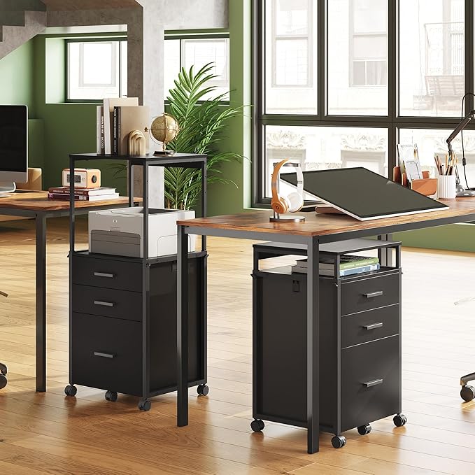 DEVAISE File Cabinet with Storage Drawers, Rolling Printer Stand with Adjustable Shelves, Wood Filing Cabinet for Home Office, Black