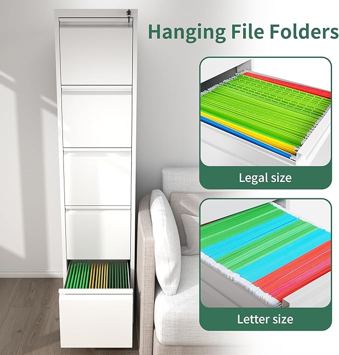 File Cabinet, Vertical File Cabinets with Lock for Home Office,Heavy Duty Office Steel Filing Cabinet for Hanging Letters/Legal/A4, Assembly Required (White, 5 Drawers)
