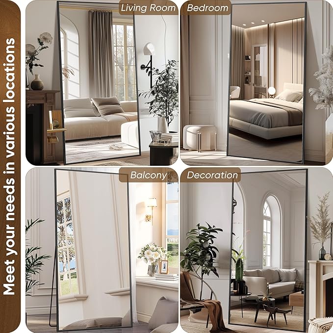 Antok Full Length Mirror, 76"x34" Floor Mirror with Stand, Hanging Mounted Mirrors for Bedroom, Living Room, Cloakroom, Dining Room, Black, Rect