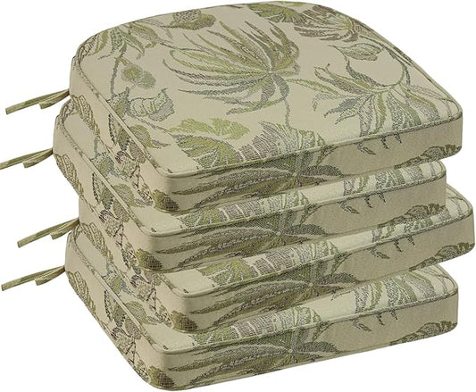 Outdoor Round Corner Seat Cushion, 17"x16"x2", Set of 4, Non Slip Seat Cushion Pads with Removable Cover for Patio Furniture, Garden Yard Lawn, Dark Green Vine