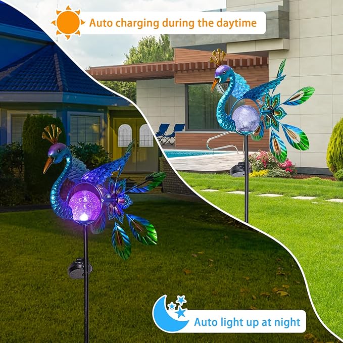 Peacock Solar Light Wind Spinner Outdoor Garden Decoration, Waterproof Garden Stake LED with Cracked Glass Ball, Gift for Mom, Father's Day Gift, Lawn Ornaments for Pathway, Patio, Yard Decor Outdoor