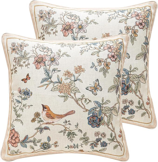Design Square Floral Bird Linen Throw Pillow Covers 18"x18" Pack of 2, Yellow Pink Cushion Covers with Flower Chinese Hwamei Decor Pillowcases for Bed,Living Room,Outdoor,Car