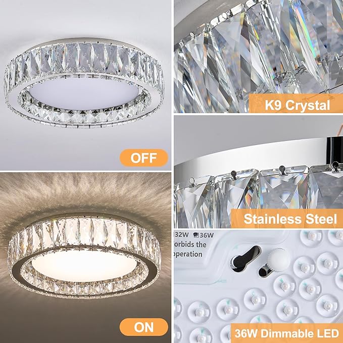 Modern K9 Crystal Dimmable LED Flush Mount Ceiling Light,15 Inch 36W/5CCT 3000K-6000K Luxury Chrome Round Close to Ceiling Lighting Fixtures for Living Room,Kitchen,Bedroom,Dining Room
