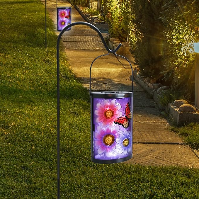 Hanging Solar Lantern Outdoor Waterproof Flowers Butterfly Solar Lights Glass Tabletop Decorative Lamp for Outdoor Patio Garden Outside Yard Decor