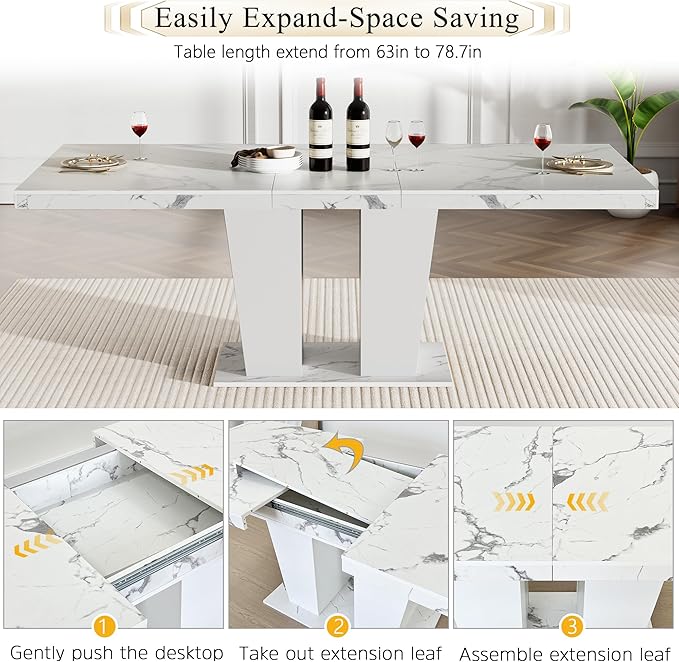 9-Piece Extendable Dining Table Set for 6-8 People 63-78 Inch Kitchen Table Set with 8 Beige Upholstered Chairs Modern White Faux Marble Rectangular Dining Room Table Set for Kitchen Apartment