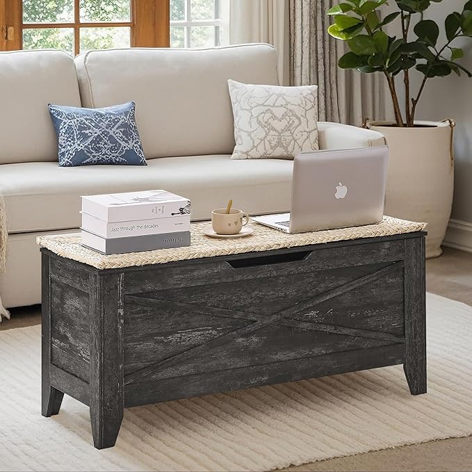 VECELO 43.3" Farmhouse Style Storage Bench, Entryway Shoe Ottoman, with Handwoven Cushion, with Metal Safety Hinges, for Bedroom, Living Room, Entryway, Grey