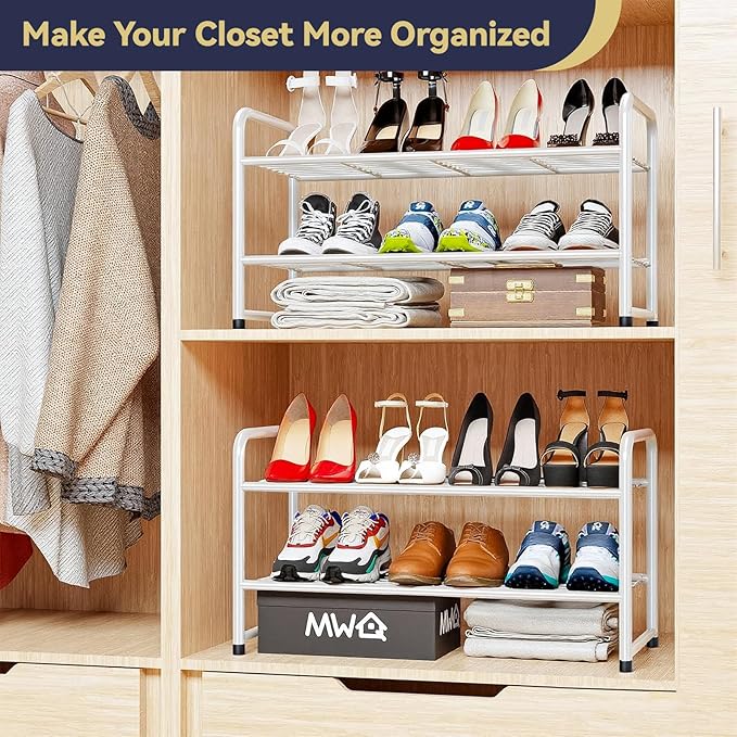 2-Tier 27” Wide Shoe Rack for Closet, Metal Stackable Shoe Shelf Organizer, White