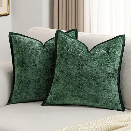 FUTEI Dark Green Chenille Throw Pillow Covers 20x20 Inch Set of 2,Soft Cozy Bound Edge Design Cushion Case,Home Decor for Couch Bed Living Room