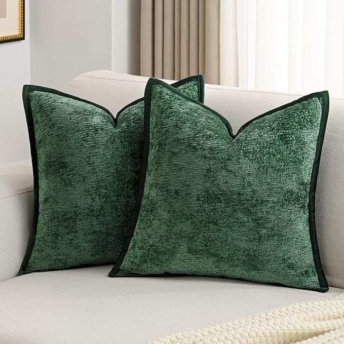 FUTEI Dark Green Chenille Throw Pillow Covers 24x24 Inch Set of 2,Soft Cozy Bound Edge Design European Cushion Cover,Home Decor for Couch Bed Living Room