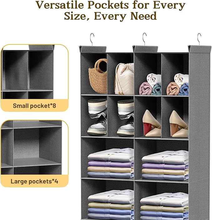 4 Tier Hanging Closet Organizer, 12 Compartments Sweater Organizer for Closet with 3 Sturdy Hooks, Closet Organizers and Storage, Wardrobe, Rv, Garment Rack, Grey