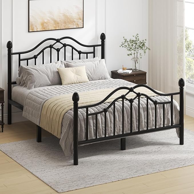 Full Metal Platform Bed Frame, Bed Frame with Victorian Headboard and Footboard, Strong Metal Slats Support, Mattress Foundation No Box Spring Needed, Easy Assembly, Noise Free, Black