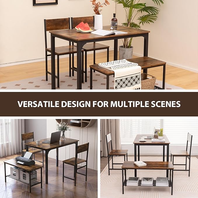 Tangkula Dining Table Set for 4, Kitchen Table and 2 Chairs for 4 with Bench, 4 Piece Dining Table Set for Small Space, Apartment
