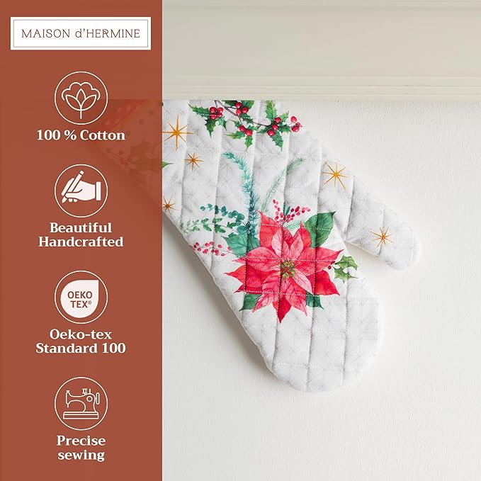 Maison d' Hermine Oven Gloves 100% Cotton Oven Mitt 7" x 13" with Loop Heat Resistant Cooking Gloves for Thanksgiving Christmas Decorations Baking Handling Hot Pans (Pack of 1, Poinsettia Christmas)