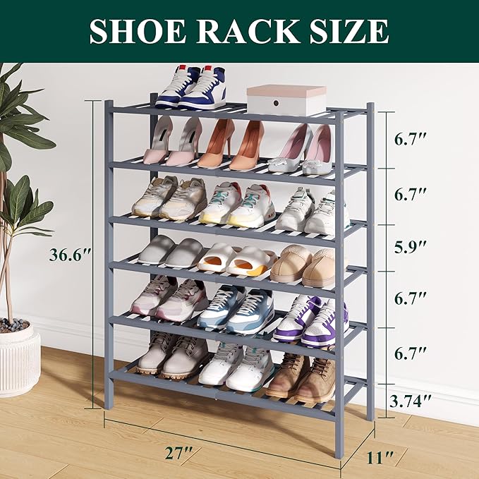 Smiry Bamboo Shoe Rack for Closet, 6 Tier Wooden Stackable Shoe Organizer, Free Standing Shoes Storage Shelf for Entryway, Front Door Entrance, Grey