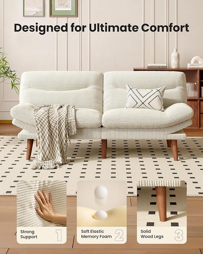 Pipishell Futon Sofa Bed, 73" Convertible Futon Couch, Adjustable Backrest & Armrests, Corduroy Recliner Sleeper Couch for Small Spaces, Living Room, Office, Guest Room (White, 73 Inch)