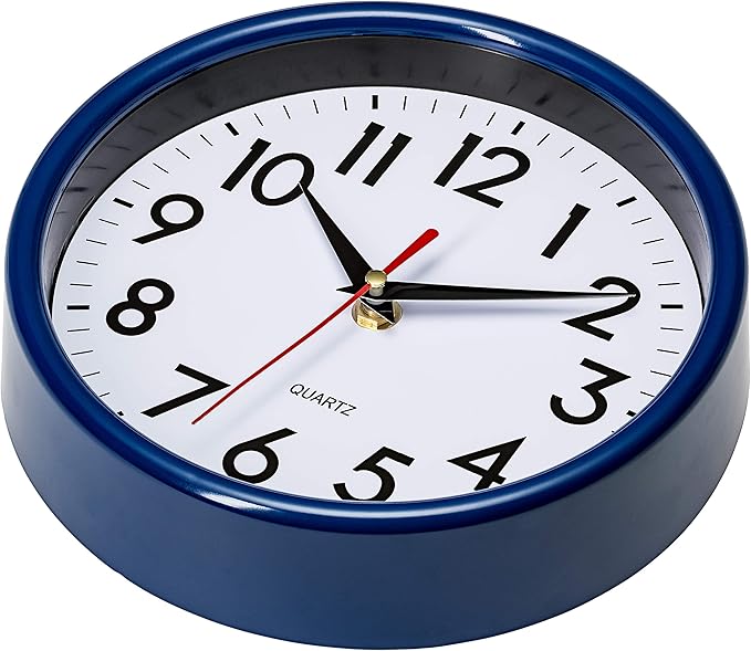 Bernhard Products Navy Blue Wall Clock 8" Silent Non-Ticking Quality Quartz Battery Operated Small Clock for Boys/Kitchen/Classroom/Office/Nursery Room Easy to Read