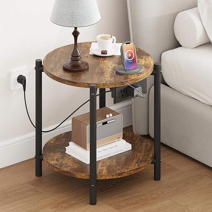 LIKIMIO Small Round End Tables Set of 2 with Charging Station, 2-Tier Wooden Side Tables, 15.8" W Modern Nightstands for Small Spaces, Living Room, Bedroom, Rustic Brown
