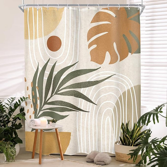 Glawry Beige Green Boho Shower Curtain Small Stall Abstract Mid Century Plant Tropical Palm Leaf Modern Minimalist Bathroom Geometric 48Wx72L Inches Bath Accessories Art Home Decor Fabric 8 Pack Hook