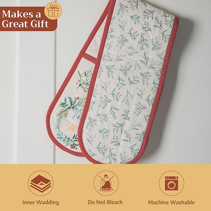 Maison d' Hermine Double Oven Mitt (7" x 35") 100% Cotton Heat Resistant BBQ Cooking Gloves with Loop for Thanksgiving Christmas Decorations Baking Cooking Barbeque Handling Hot Pan (Holly Time)