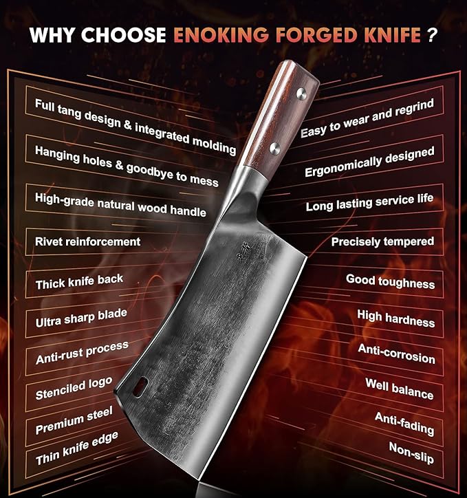ENOKING Cleaver Knife, 7.5 Inch Hand Forged Meat Cleaver Heavy Duty Bone Chopper German High Carbon Stainless Steel Butcher Knife with Full Tang Handle for Home Kitchen and Restaurant, Ultra Sharp