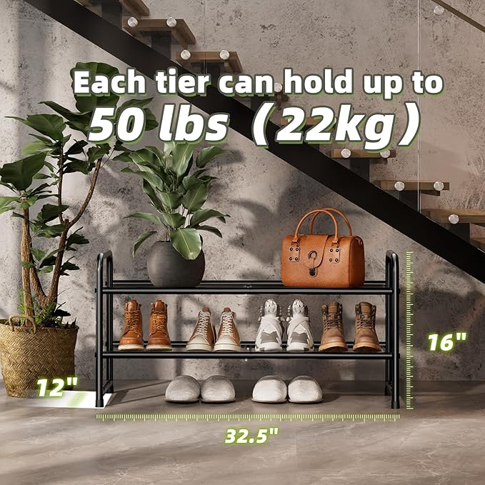 SUFAUY Shoe Rack for Closet, 33" Wide Metal Shoe Rack Organizer Heavy Duty, 2-Tier Mesh for Shoes, Black