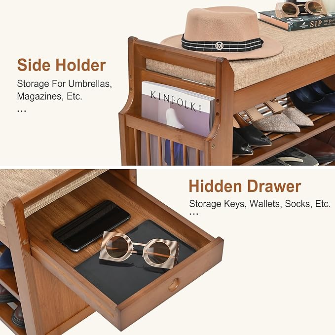 2 Tier Shoe Bench, Bamboo Shoe Rack Bench, Shoe Storage Bench Organizer for Entryway Hallway Living Room