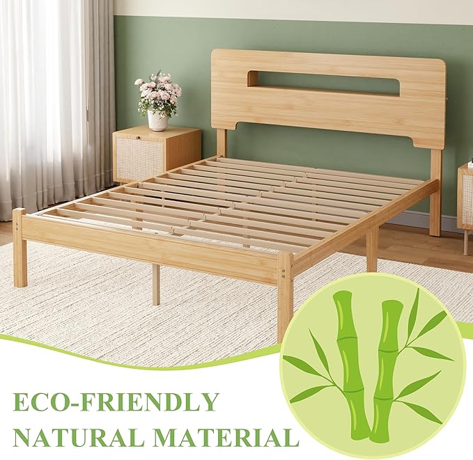 ZIYOO Solid Bamboo Wood Queen Bed Frame with Storage Headboard, 14 inch Platform Bed Frame Queen No Box Spring Needed with Steel Slats, Sturdy and Stable, Easy Assembly, Noise Free