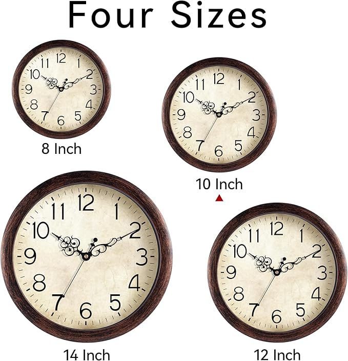 Wall Clock 10 Inch Vintage Wall Clocks Battery Operated Quartz Silent Non-Ticking Retro Rustic Style Clock Decorative for Kitchen,Bathroom, Living Room, Home Office (Bronze)