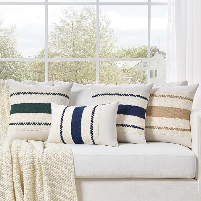 Fancy Homi Set of 2 Tan Neutral Decorative Throw Pillow Cover 18x18 Inch for Couch Bed Sofa, Aesthetic Modern Organic Farmhouse Boho Home Decor, Soft Cotton Cute Accent Macrame Taupe Cushion Case