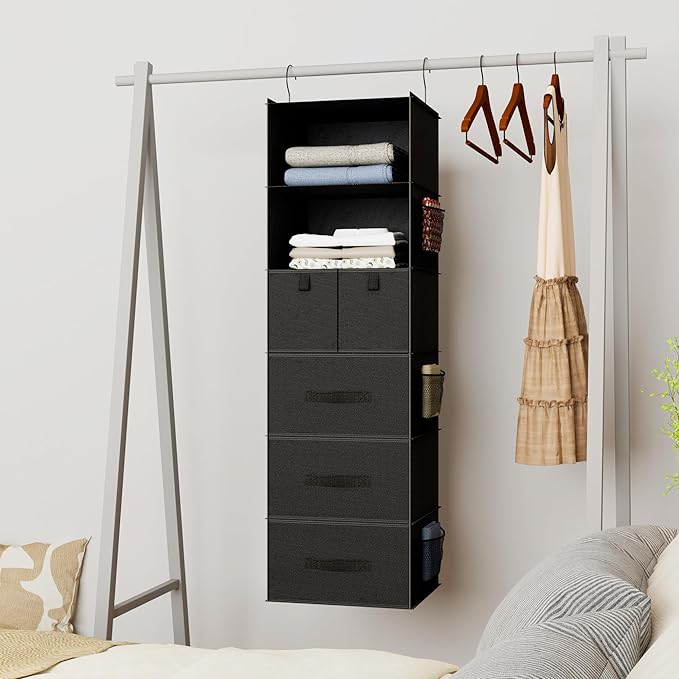 6-Shelves Hanging Closet Organizer with 5 Different Drawers, Foldable Closet Organizers and Storage for Wardrobe, Closet& RV, Clothes and Accessories Storage, Non-Woven Fabric, Black