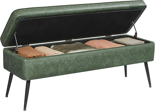 VASAGLE EKHO Collection - Storage Ottoman Bench, Entryway Bedroom Bench, 15 Gallons, Synthetic Leather with Stitching, Mid-Century Modern, Safety Hinges, Loads 660 lb, Forest Green ULOM074C01