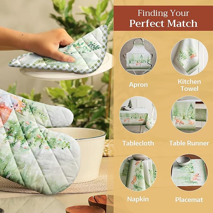 Maison d' Hermine Oven Gloves 100% Cotton Oven Mitt 7" x 13" with Loop Heat Resistant BBQ Cooking Gloves for Thanksgiving Christmas Decorations Baking Handling Hot Pans (Pack of 1, Winter Mornings)